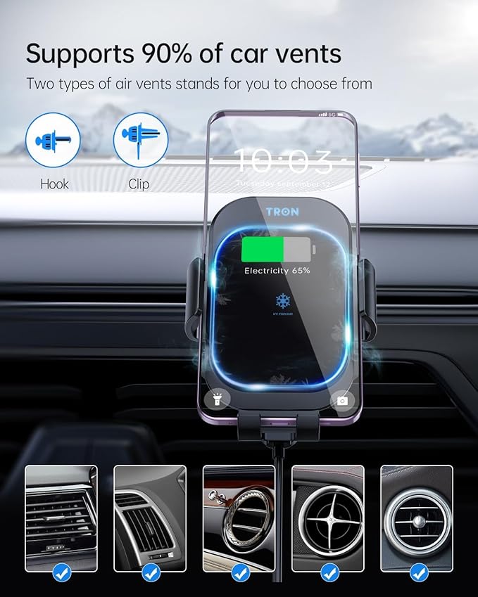 TRON Wireless Car Charger Mount, 15W Fast Charging, Auto-Clamping Dashboard/Windshield/Air Vent Phone Holder for iPhone, Android, not Compatible with Google Pixel