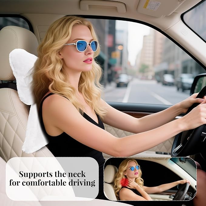2 Pack Bow Car Headrest Pillows Plush Car Neck Pillows for Travel Driving Office Chair Head Support Cushions, Also Cute Car Decor Accessories (White)