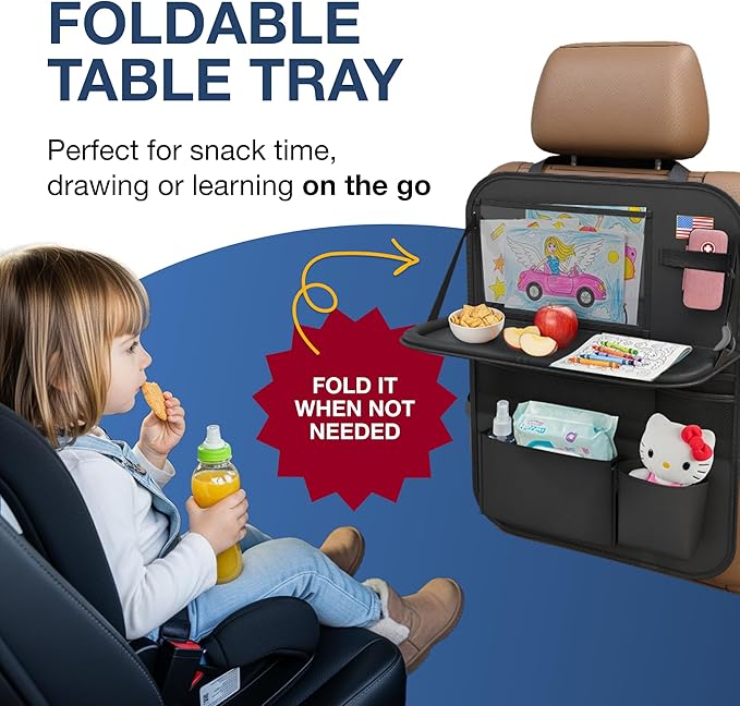 Car Backseat Organizer with Tablet Holder (2-pack) - Updated 2025 Oxford 600D Car Storage Organizer, Foldable Car Tray Kids, Road Trip Essentials, Back Seat Protector Kick Mats, Travel Accessories