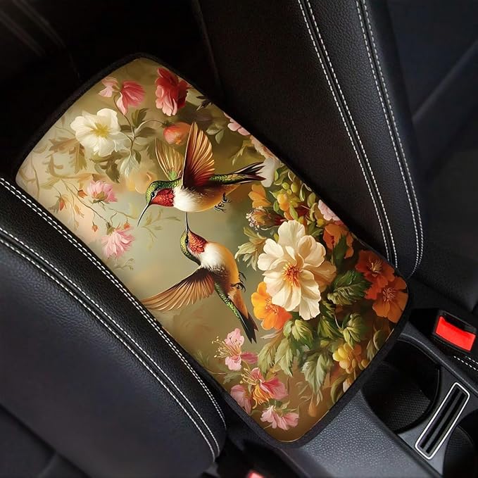 Colorful Flower Hummingbirds Thin Car Armrest Pads Auto Armrest Box Cover Comfortable Middle Storage Organizer Pad Universal Style Car Accessories Decor