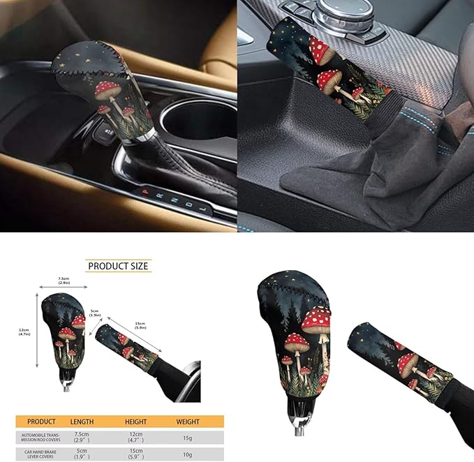 Forest Mushroom Print Car Elastic Steering Wheel Protector for Men Women Auto Interior Accessories Armrest Cover Handbrake Coer Fit for Trucks Vans Suvs