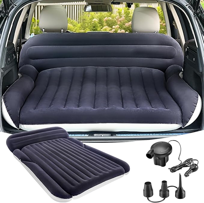 KMZ SUV Air Mattress with 2 Pillows – Thickened and Flocked Car Bed – Portable Travel Pad for Camping & Road Trips – Quick Inflate & Deflate with External Pump – Navy Blue+Light Gray