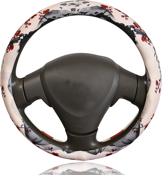 Cherry Blossom Japanese Sakura Steering Wheel Cover for 14.5-15 Inch (37-38 cm) Wheels, Premium Fabric with Non-Slip Rubber Inner Ring