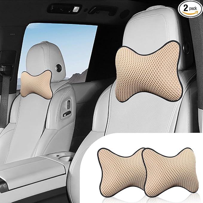 2PCS Car Headrest Pillow, Breathable Leather Car Neck Pillow, Soft Cloud Silk Cotton Neck Support Relief Cushion, Comfortable Automotive Seat Head Rest Pad for Driving Fatigue Relief (Beige)