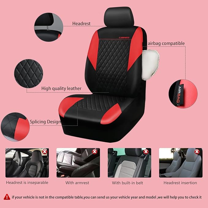 CAR PASS Red Leather Seat Covers Full Set-Universal Quilting Pretty Girly Car Seat Cover with 5mm Composite Sponge Inside,Airbag Compatible, Waterproof Delux Fit for Most Sedan,SUV,Cars (Full Set,Red)