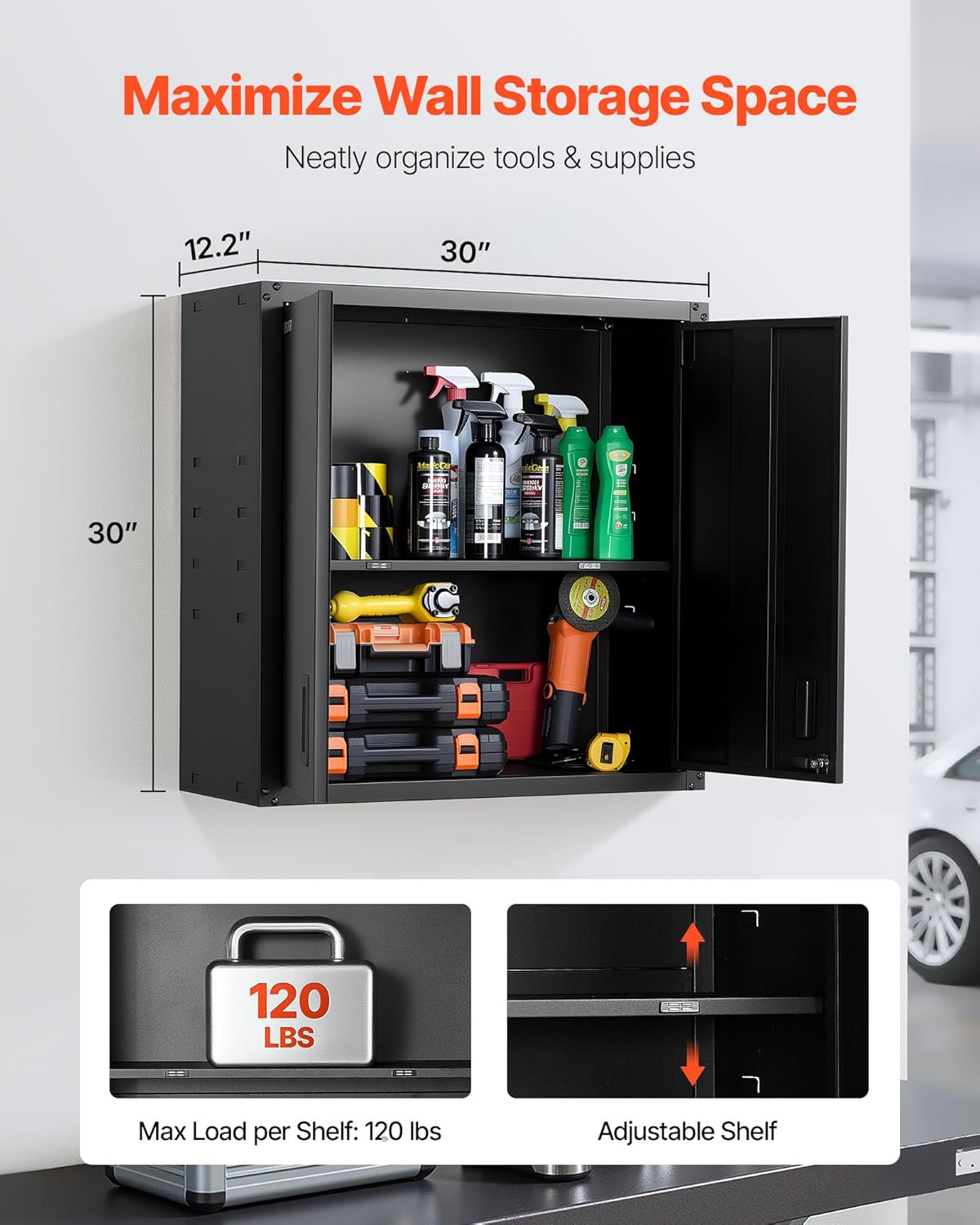 VEVOR Metal Wall Cabinet, 30W x 12.2D x 30H Inch, Steel Floating Hanging Storage Cabinet with Locking Doors and Adjustable Shelf for Garage, Basement, Kitchen, Warehouse Assembly Required, Black