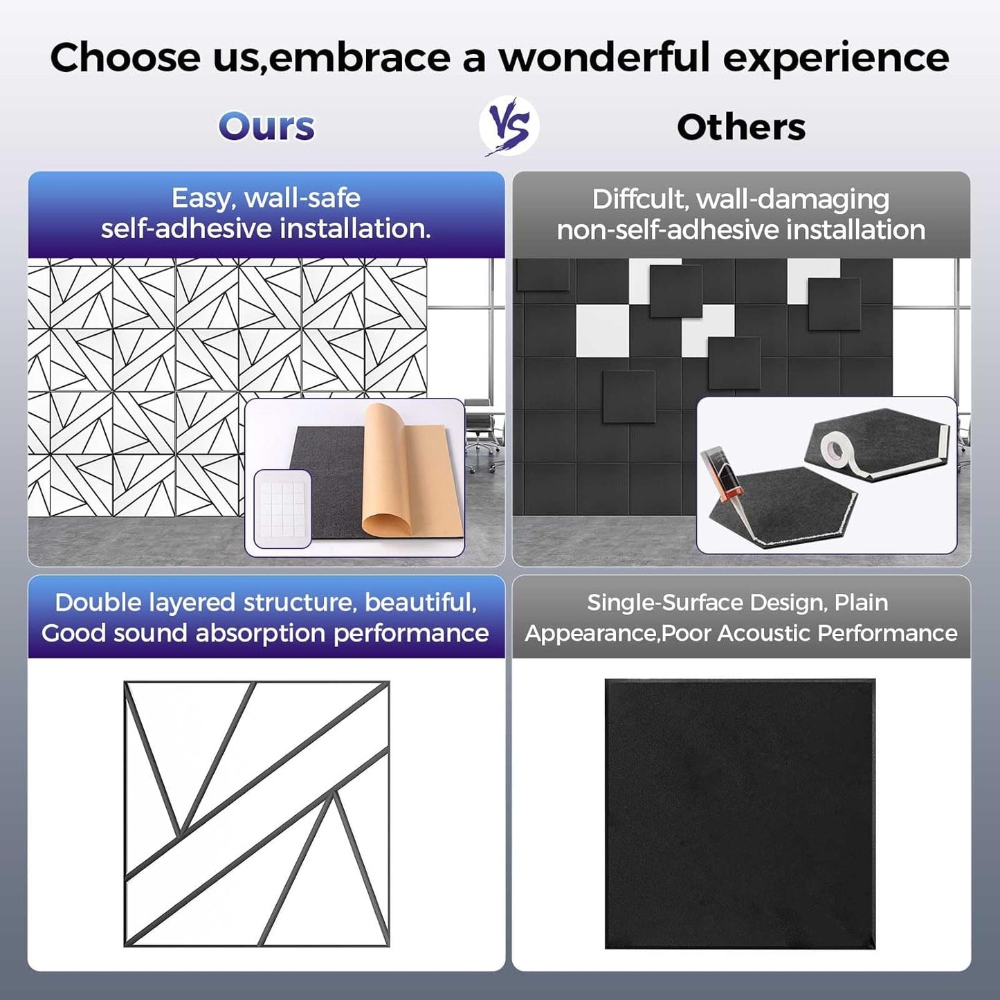 8 Pack 2-Layer Soundproof Wall Panels, 12 x 12 x 0.43 in Sound Proof FoamPanels for Walls, 1.2lb/ft* High Density, Thicker 0.43 in, 3D AcousticPanels,Artistic Noise Dampening Panels White&Black