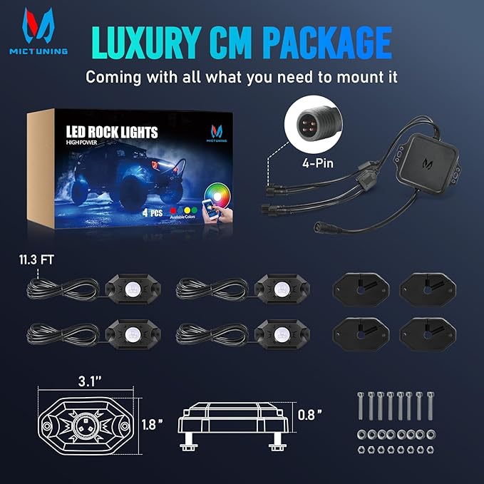 MICTUNING 2nd-Gen CM RGB Rock Lights - 4 Pods Waterproof Multicolor Neon Underglow Kit with Bluetooth App Control & Music Mode for Trucks Pickup UTV SUV ATV （2 Year Warranty）