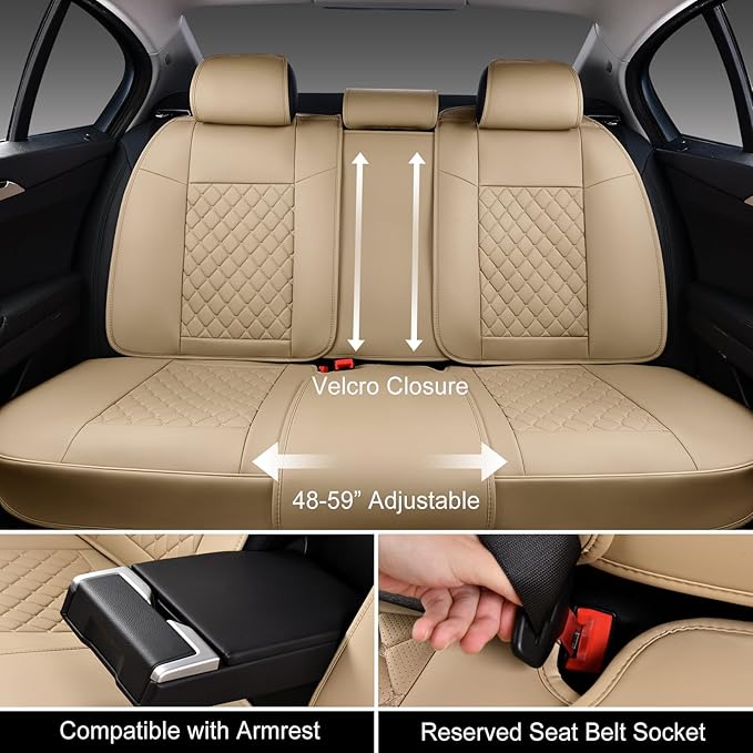 Auto Car Seat Covers Full Set Leather Cushion Protector Breathable Waterproof Seat Cover for Cars Universal Fit (Beige, Full Set Without Headrest)
