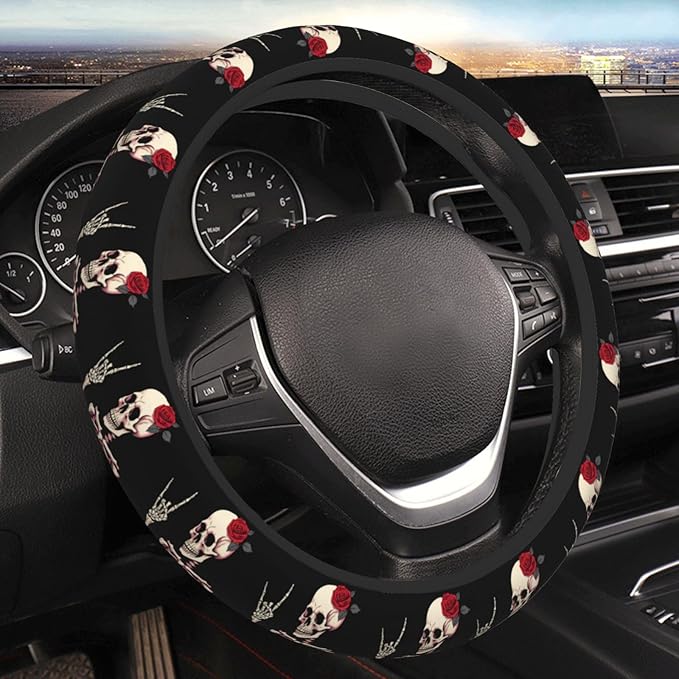 Hippie Skeleton Steering Wheel Cover Women, Comfortable Elastic Steering Car Wheel Cover Fit 15 inches Universal Accessories Suvs Trucks Decor