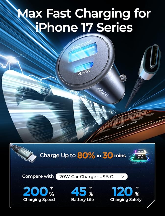 AINOPE 67.5W Car Charger USB C Fast Charge for iPhone 17 Pro Max,PD 45W USB C Car Charger Fast Charging【Mini&Metal】Cigarette Lighter Adapter USB-C Charger for Samsung S26 S25 for iPhone16 15 Mother's