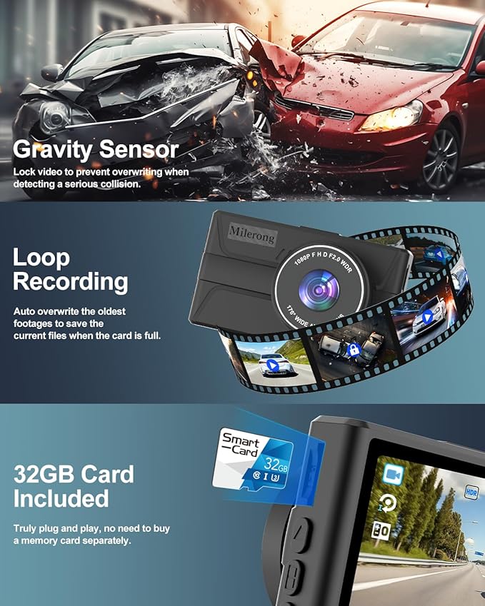 Dash Cam Front and Rear, 1080P Dual Dash Camera for Cars with 32G SD Card, 24 Hours Parking Monitor, Night Vision, Loop Recording, G-Sensor, 3'' IPS Screen, 170°Wide Angle
