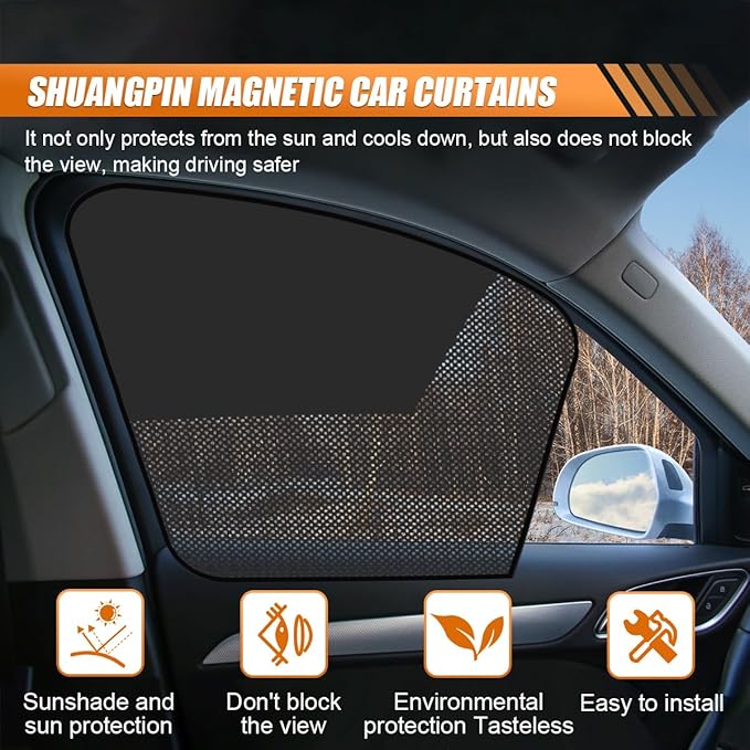 Car Front Side Window Sunshade, Magnetic Automotive Windshield Privacy Curtain with Half Shade, Mesh Sun Protection Cover Blocks Heat, Glare, UV Rays for Driver Passenger (Front)