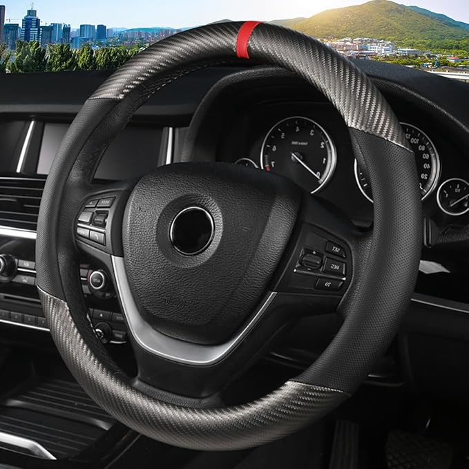 KAFEEK Classic Carbon Fiber Steering Wheel Cover, Universal 15 inch, Breathable Microfiber Leather, Gray