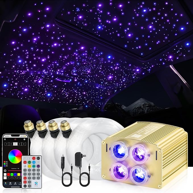4 Colors 32W Twinkle Car Starlight Headliner Kit 500pcs*0.03in*13.1ft with APP&RF Remote, RGBW Fiber Optic Ceiling Star Lights, 4 Port Engine Sound Activated Star Roof Lights for Car Home Theater