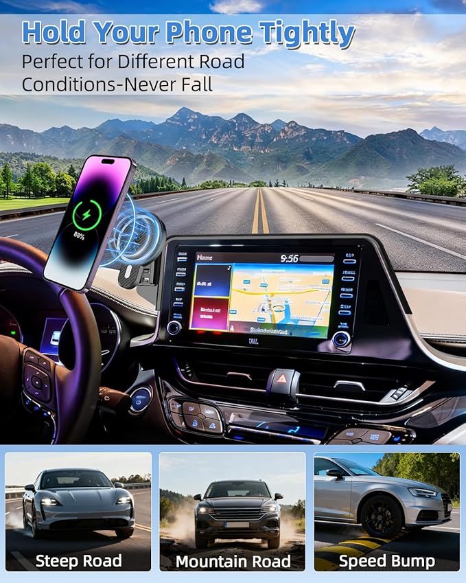 PZK Car Phone Mount for Toyota C-HR CHR 2019 2020 2021 2022 LE/XLE/Limited/Nightshade Accessories 8-inch Screen 360° Rotation Phone Cradles Magnetic 15W Fast Wireless Charger Phone Holder