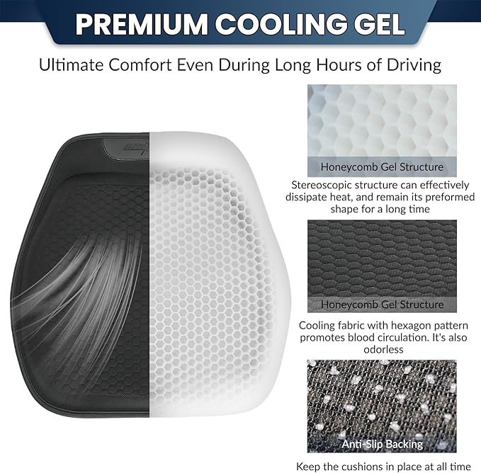 Gel Lumbar Support Pillow & Seat Cover for Car,Seat Cushion for Long Sitting Pressure Relief (2CM Thick), Lumbar Seat Cushion for Car 27.95''x18.89'',Gel Seat Cushion Cover 18.11''x17.13'',Black