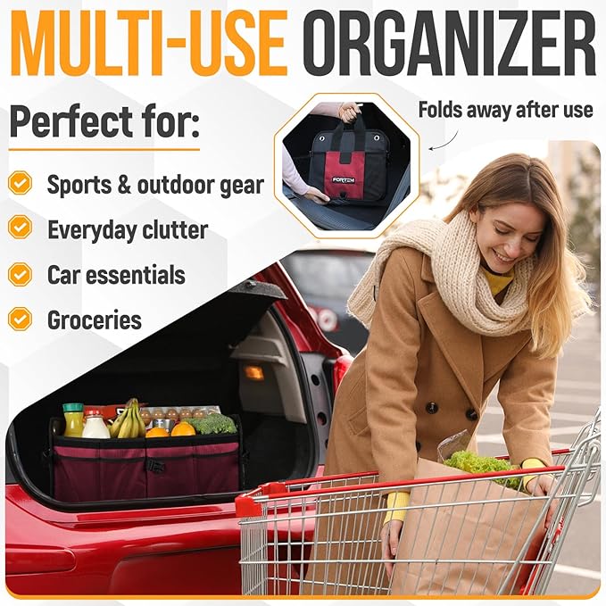 FORTEM Trunk Organizer For SUV Car Organizer and Storage, Multi-Compartment Storage Bag Car Accessories for Women Men, Perfect Christmas Gifts, 1680D Oxford, Non Slip Bottom, Straps, Soft Cover (90L)