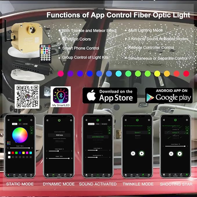 AKEPO Car Home 16W RGBW Twinkle Meteor Fiber Optic Lights, APP+Music Control +550pcs*4m/13.1ft*0.03in Optical Fiber Cable +Remote Shooting Star Starlight Headliner Ceiling Light Kit