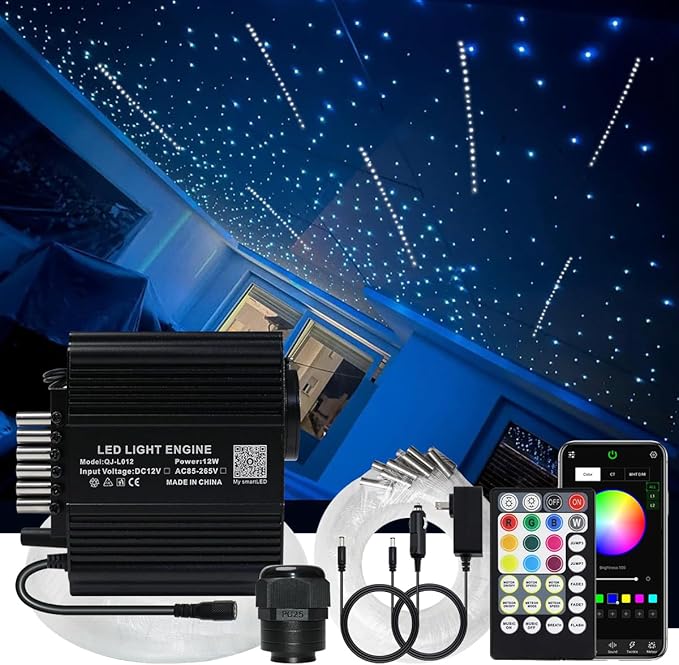 AKEPO 12W Fiber Optic Lights Twinkle+Meteor 2-in-1 APP Control Starlight Headliner Kit, 300pcs*0.03in*9.8ft+240pcs White Shooting Star Music Activated Car Home Optical Fiber Star Ceiling Lights