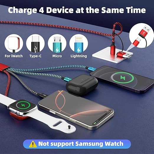 Travel Essentials 4in2 Multi Charging Cable for iPhone Watch Charger,USB A/C to Type C/iWatch Charger/IP/Micro,Travel Chargers for Multiple Device Compatible with iWatch Series&Phone 17-12/Android 5FT