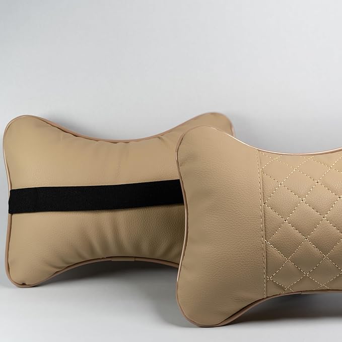 Set of 2 Quilted Faux Leather Car Headrest Pillow, Black Case/Black Threading, Ergonomic Neck Support for Comfortable Driving (Tan Base/Beige Thread)