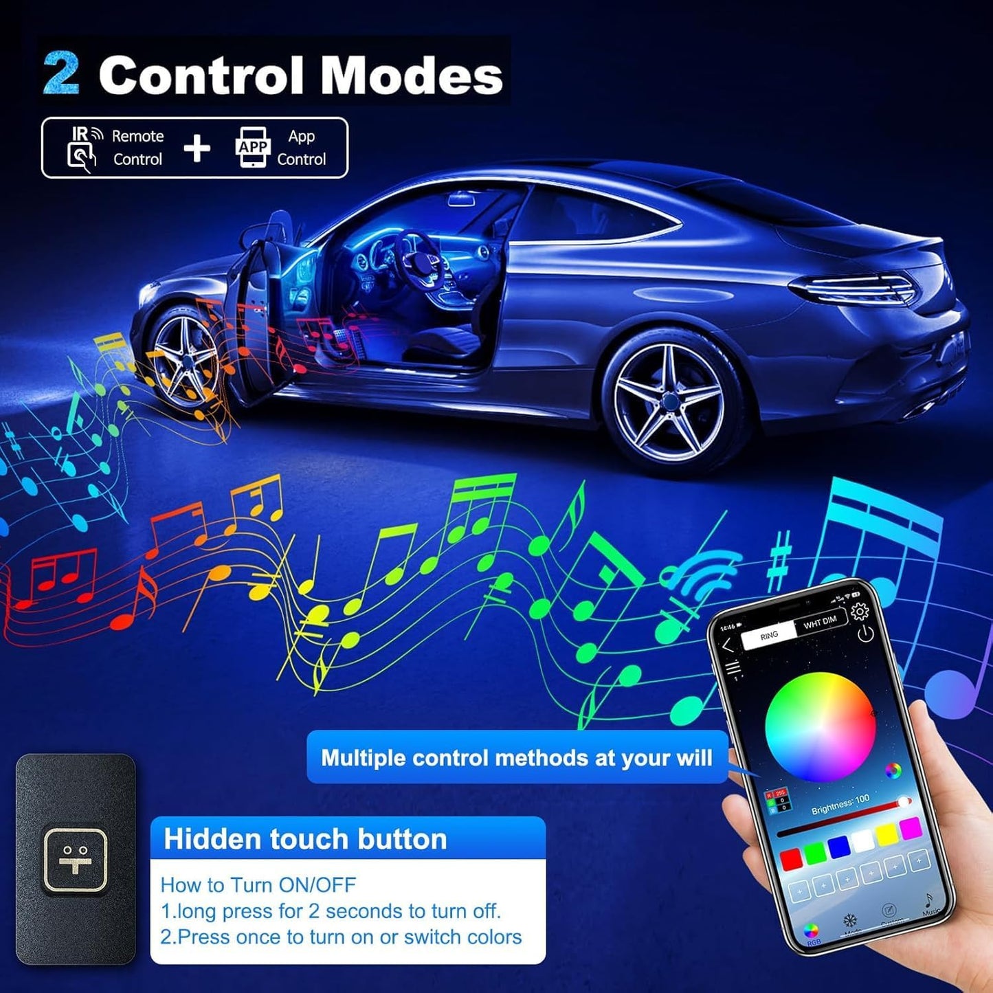 Acrylic Interior Car LED Strip Light with Wireless APP, RGB 14 in 1 with 175 inches 600 LEDs Fiber Optic Car Ambient Lighting Kits, 16 Million Colors Sound Active Function LED Strip for Car
