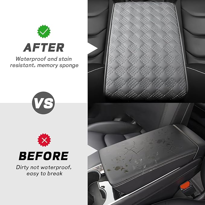 Car Armrest Cushion, 12.2"×8.3" Leather Auto Memory Foam Center Console Pad with Storage Pocket, Waterproof & Anti-Scratch Elbow Pillow Armrest Seat Box Protector, Universal Fit (Gray)