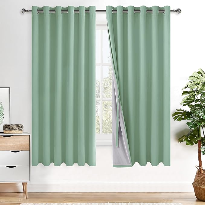 XWZO Full Blackout Curtains - Thermal Insulated Black Liner Curtains, Noise Reducing and Heat Blocking Drapes for Hall and Studio Large Windows with Tiebacks, Light Sage, W70 x L63, Set of 2