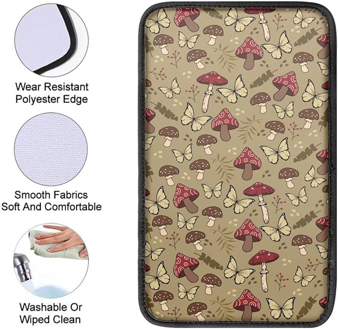 UNICEU Mushroom Butterfly Print Car Center Console Armrest Cushion Cover Neoprene Soft Auto Interior Decor Armrest Box Protector Cover Pad