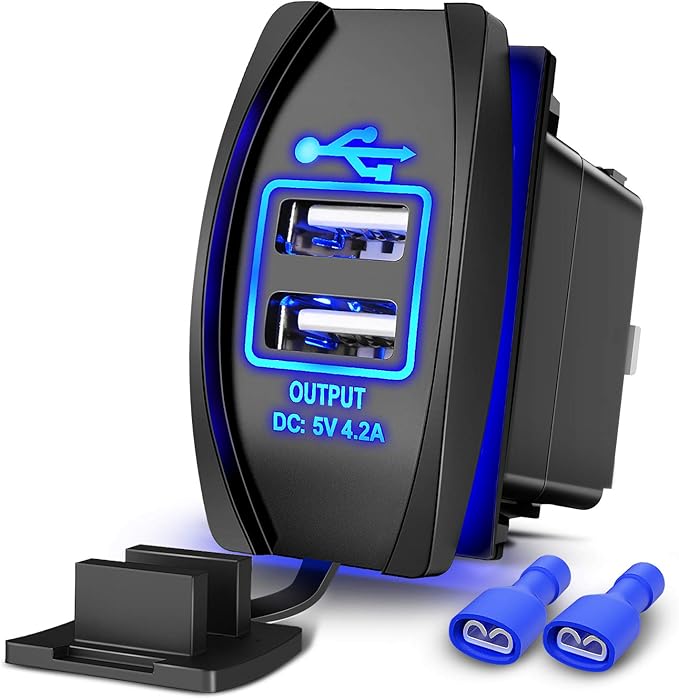Nilight Dual USB 4.2A Rocker Switch Style 12V/24V Fast Socket Waterproof Quick for Cars Boats Trucks RVs, 2 Years Warranty, Blue