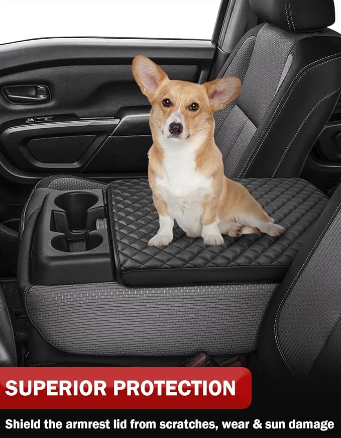 KBH Center Console Armrest Cover for Nissan Titan 2004-2024, Middle Console Lid Protector Pad Accessories, Vinyl Leather, Anti-Scratch, Black (Fits Jump Seat Console Only)