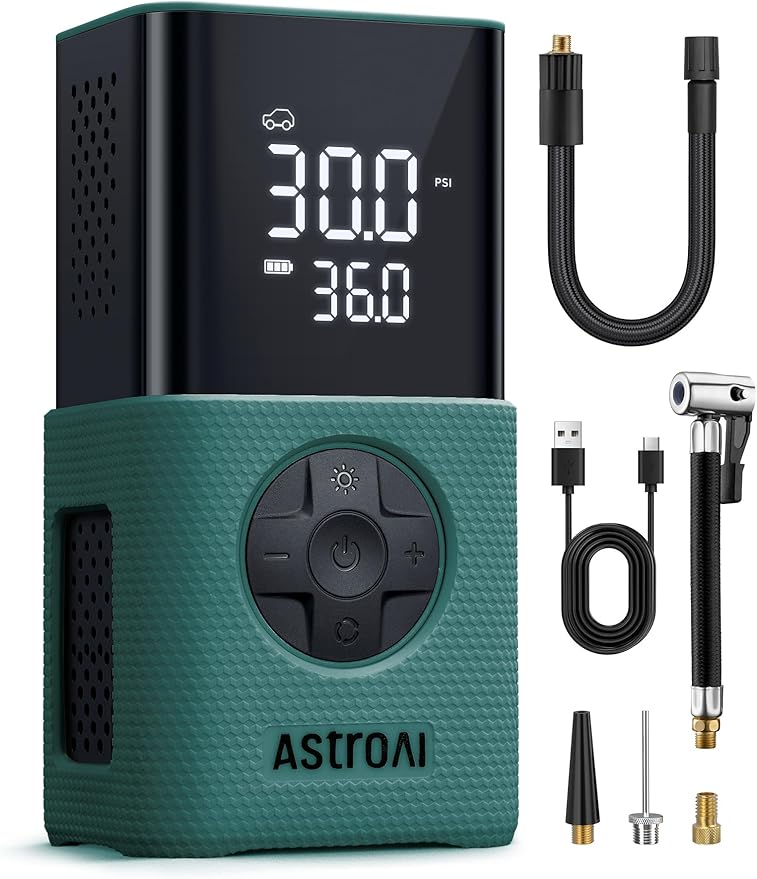 AstroAI Tire Inflator L7S Portable Air Compressor Cordless Bike Pump with Digital Dual Values Display, 150 PSI Car Tires Pump with LED Lights Air Pump for Cars, Motorcycles, Bikes, Balls Green