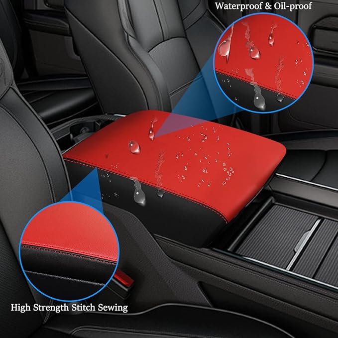 Center Console Cover Anti-Scratch Waterproof Leather Armrest Pad Protector Cushion for Dodge RAM 1500 2500 3500 2019 2020 2021 2022 2023 Interior Accessories(Red with Black)