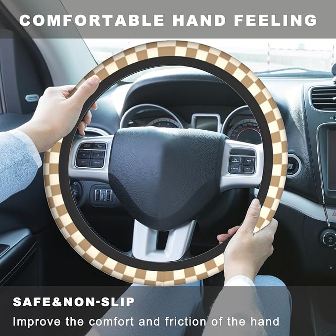 Brown Beige Checkered Steering Wheel Cover, Cute Anti-Slip Breathable Car Accessories Interior Elastic Steering Wheel Cover for Men Women Fit Auto, SUV Vans Truck Universal 14.5-15 Inch