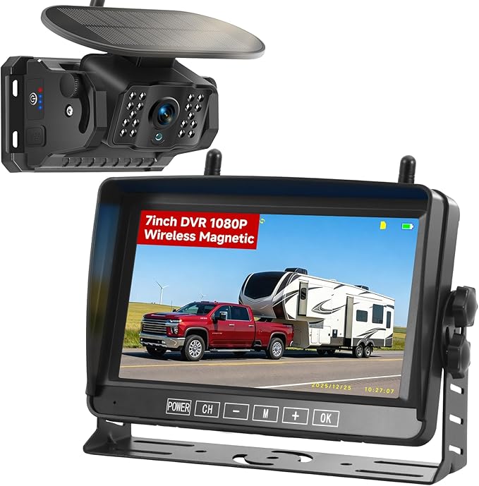 Magnetic Wireless Backup Camera for RV - 15000mAh Battery Solar Powered Reverse camera System with 1080P 7in Monitor, 500ft Stable Range 4CH Split Screen for Horse Trailer Truck Pickup Tractor