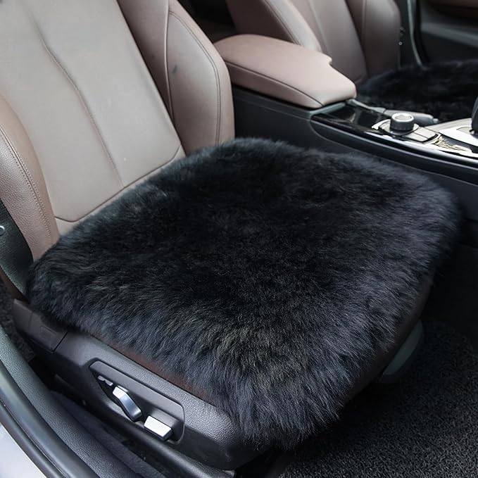 Winter Warmth: Universal Sheepskin Seat Cushion Cover - Natural Wool, for Cars, Trucks, SUVs & Vans - Cozy & Stylish Driving Companion Front Black