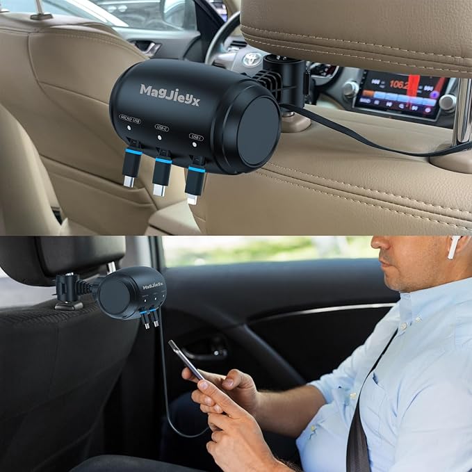 MAGJIEYX Multi Retractable Car Charger Station, Headrest 3 in 1 Charging Box Share Ride Dock for Backseat with Fast 38W Charger Adapter for All Phones|iPhone17/16/15/14|Samsung|iPad|Android