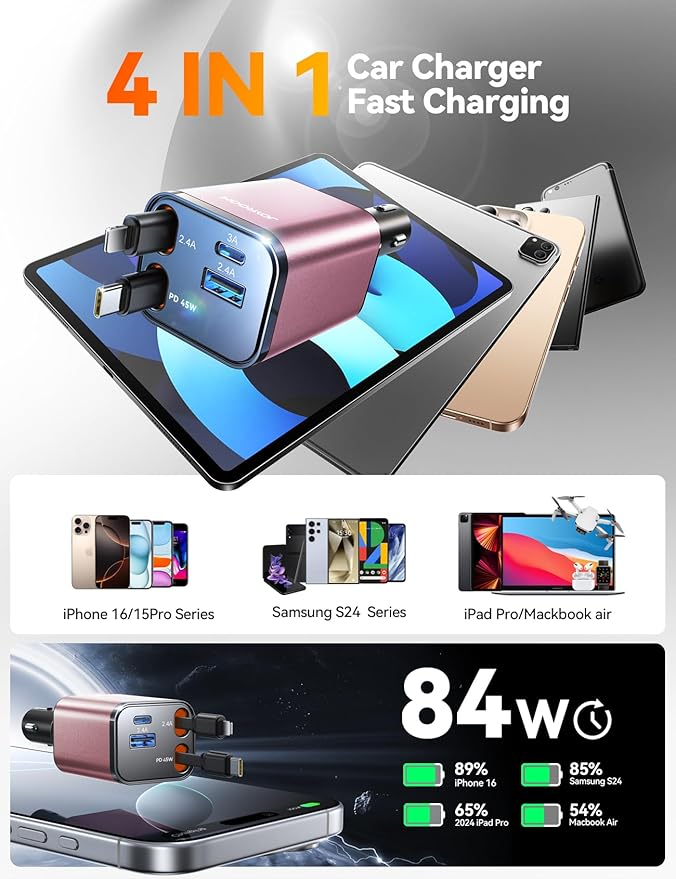 [2026 Upgrade] Retractable Car Charger 84W Car Charger USB C for iPhone 17 16 Fast Charging, Pink Car Accessories, Car Phone Charger Adapter for iPhone 17 Air 16 15 Pro Max, Pixel