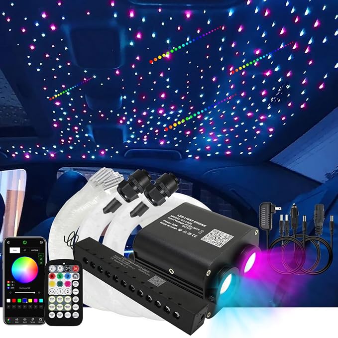 AKEPO 20W Twinkle Dual-Head Dual Color Fiber Optic Lights, Fiber Optic Colorful Meteor Light Kit Sound Activated APP/Remote Control for Car Starlights Headliner/Home 800pcs 13.1ft/4m Fiber Strands