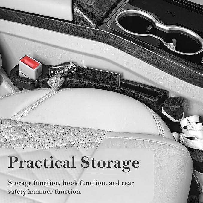 Car Seat Gap Filler 2 Pack with Organizer Hook, Car Seat Gap Plug Fills Gap Between Seat & Console Prevent Small Items & Tools from Falling Seat Side Gap Fits Cars, SUVs, Trucks & Sedans