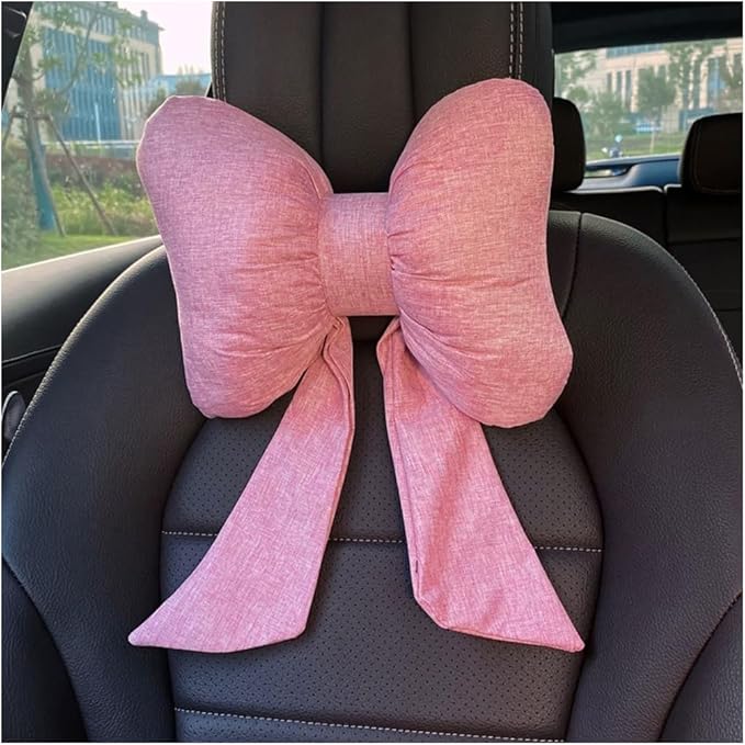 Bow Car Headrest Pillow, Breathable Memory Foam Vehicle Neck Pillow with Adjustable Strap, Ergonomic Auto Neck Support Cushion for Pain Pressure Relief, Universal for Most Cars (Pink)