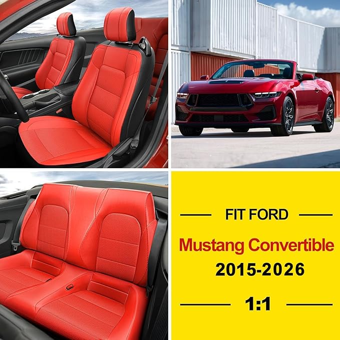 GIANT PANDA Custom Fit Full Set Car Seat Covers for Ford Mustang Convertible 2015 2016 2017 2018 2019 2020 2021 2022 2023 2024 2025 2026, Faux Leather, Black&Red