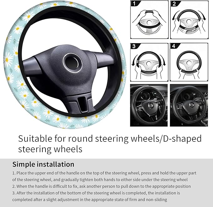 Car Steering Wheel Cover, Universal 15 Inch Neoprene Non-Slip Steering Wheel Covers, Funny Car Accessories for Women Men Fit Auto, Suvs, Truck Sweet Daisy Flowers
