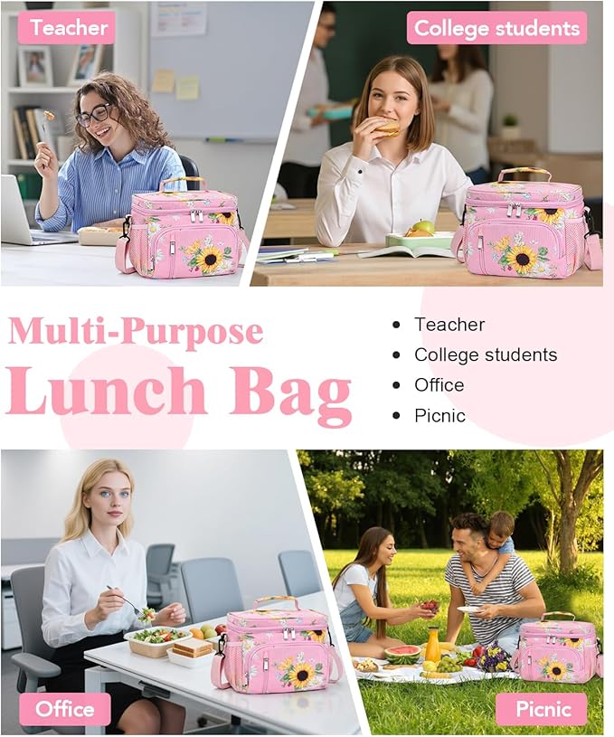 Insulated Lunch Bag for Men & Women, 9L Leakproof Lunch Box Soft Cooler Tote with 5 Pockets, 600D Oxford, EVA Lining, Adjustable Strap for Work, Picnic, Beach&Travel-Corduroy Sunflower Daisy