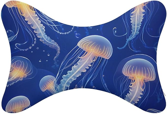 Car Seat Head & Neck Rest Pillow - Auto Headrest Bone Shape Pillow Cushion Soft and Comfortable for Travel, 2 Piece Compatible with Underwater Blue Jellyfish