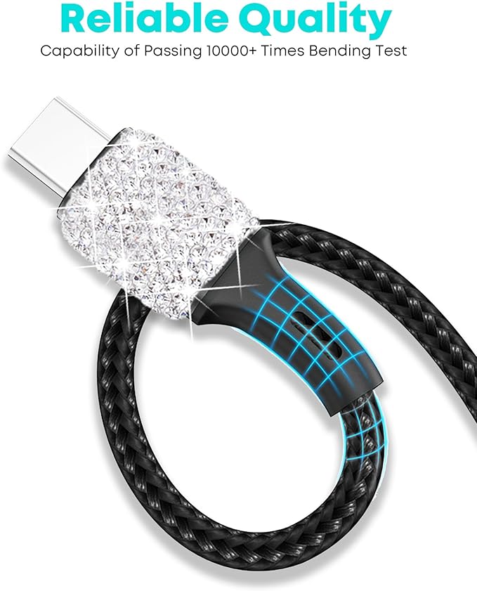 Bling USB Car Charger 5V 2.4A White Crystal Decor Dual Port Fast Adapter with 4ft Nylon Type C Micro USB 3 in 1 Multi Charging Cable for iPhone iPad Android, Auto Interior Accessories for Women