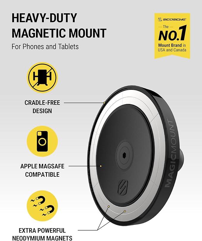 Scosche Heavy Duty MagSafe Mount/Tablet Holder for Car, Magnetic Cell Phone Stand with Extra Strong Magnets and AMPS Mounting Plate for ProClip Vehicle Specific Mount Bases