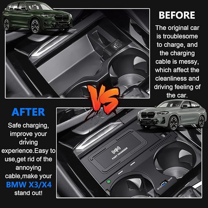 Wireless Car Charger for BMW X3/X4 2022 2021 2020 2019 2018, OEM Custom Fit with QC3.0 USB Wireless Fast Phone Charging Pad for BMW X3/X4/X3M/X4M G01 G02 Center Console Interior Accessories