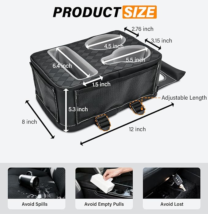 Center Console Cup Holder, Universal Car Armrest Storage Box with Bottle Holder & Tissue Slot & Side Pockets, Car Back Seat Truck Boat Couch Organizer PU Leather